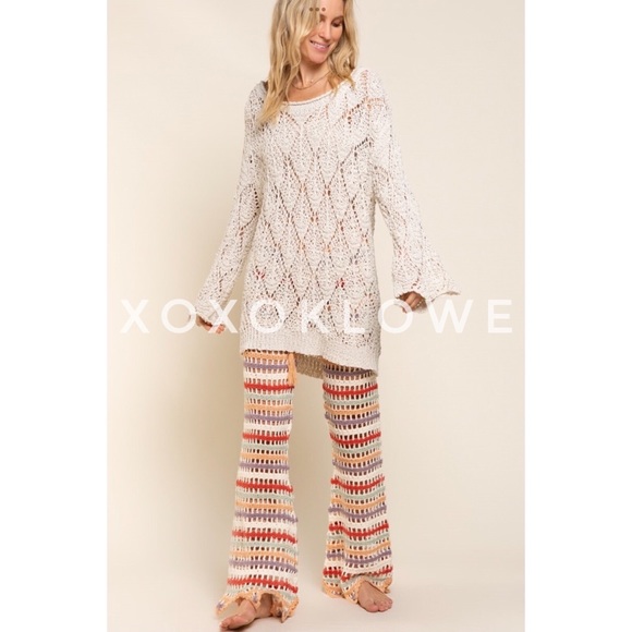 LAST ONE POL Low Rise Retro Striped Crochet Flare Pants - Picture 5 of 16